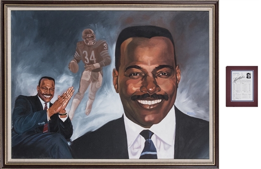 Walter Payton Original Acrylic Stretched Canvas Artwork with Autographed Stat Card (JSA)